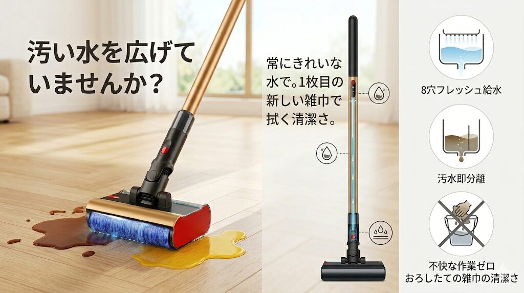 常にきれいな水で床を洗浄し続けるペンシルウォッシュの給水システム