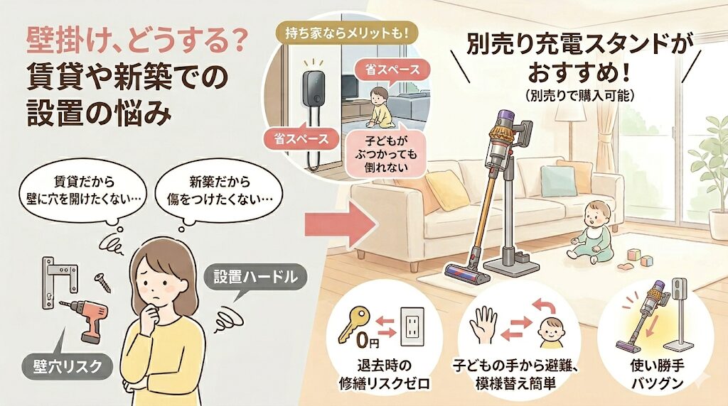 壁掛け充電器に関する懸念。賃貸に住む人は壁穴あけリスクと設置ハードル