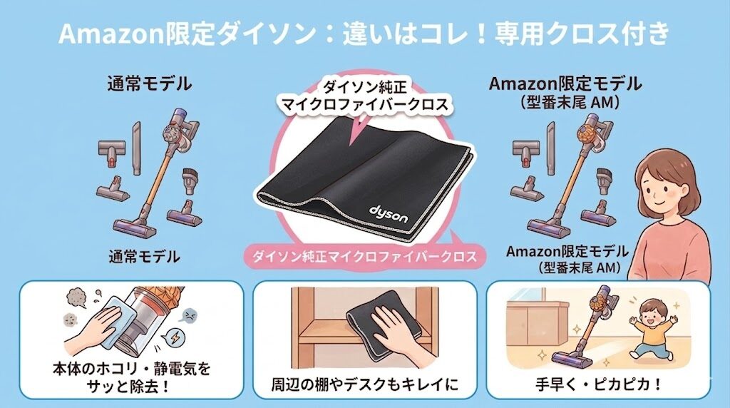 結論からいうとAmazon限定モデルは、通常モデルと比べてクリーニングクロスの違いのみです。