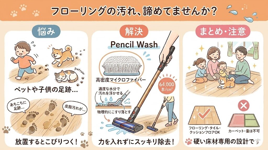 犬や猫の足跡、フローリングの皮脂汚れがきれいに落ちる