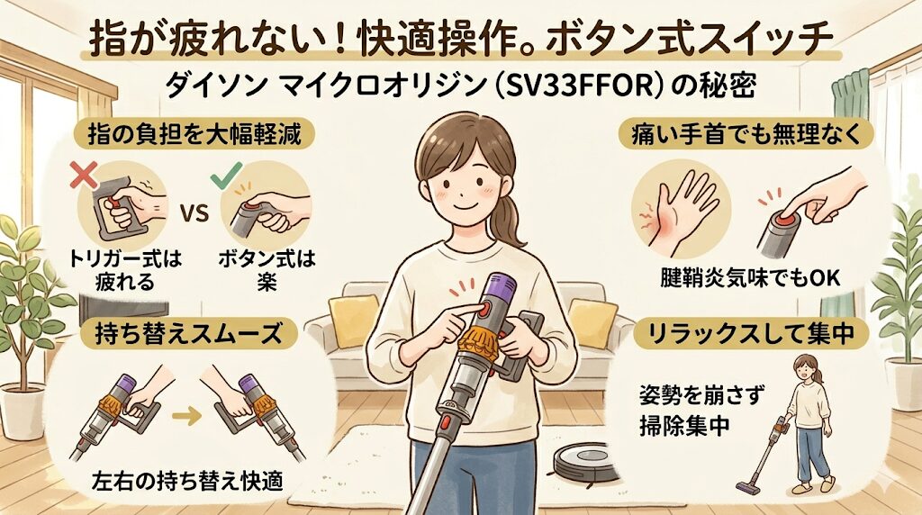 マイクロオリジン（SV33FFOR）はボタン式スイッチ｜指で引き金を引かずに済む快適な操作性