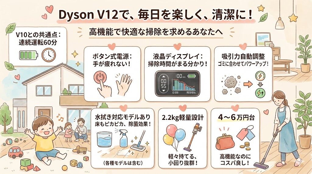 V12シリーズ：ゴミを照らす機能や水拭き機能など高機能が欲しい人におすすめ。最長60分稼働・2.2kg・ボタン式