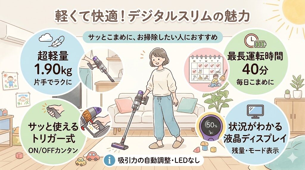 デジタルスリムオリジン (SV18 FF OR2 AM)は1.9kg・最長40分稼働・液晶画面あり・トリガー式
