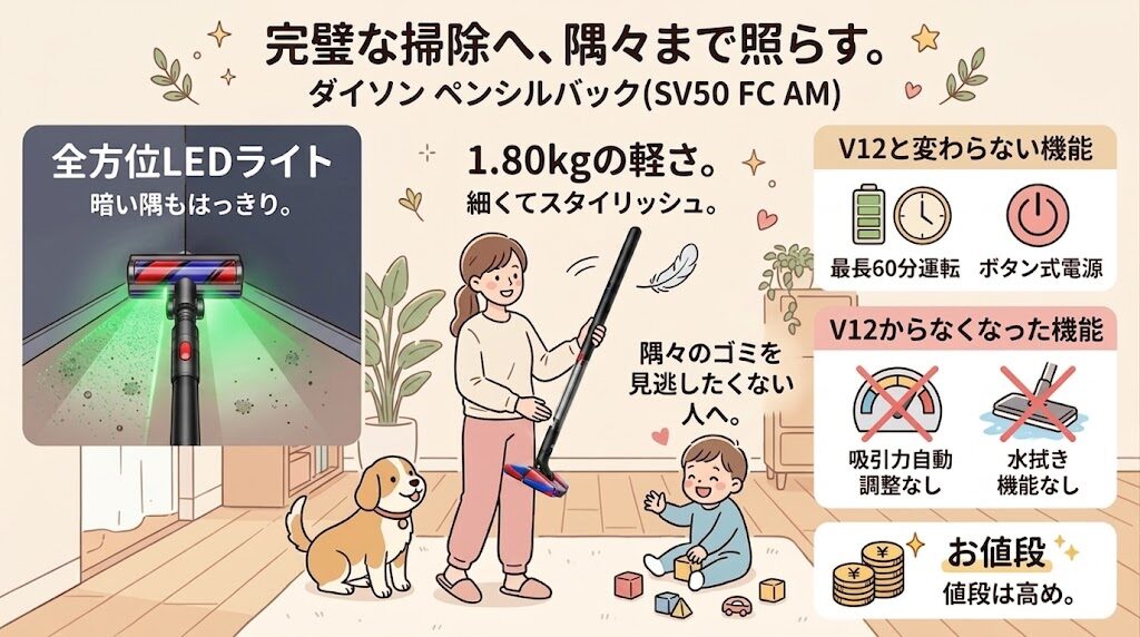 ペンシルバック：全方位LEDライトで隅々のゴミまで見逃したくない人におすすめ。60分稼働し電源はボタン式