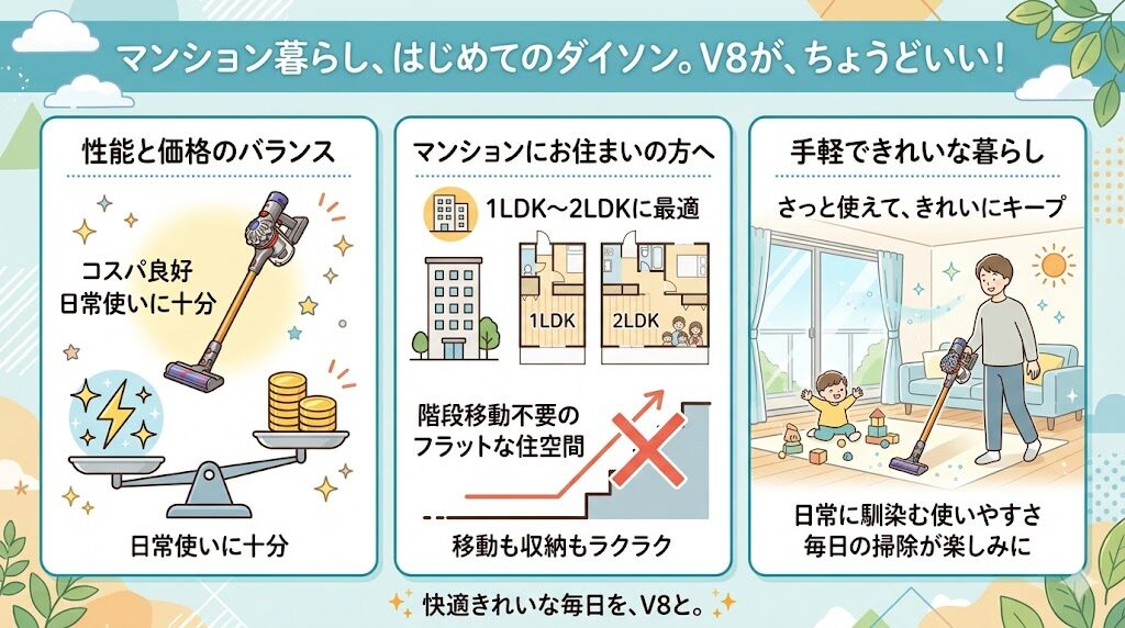 ダイソンV8が適している人の条件：初めてダイソンを買うマンション住まいの人