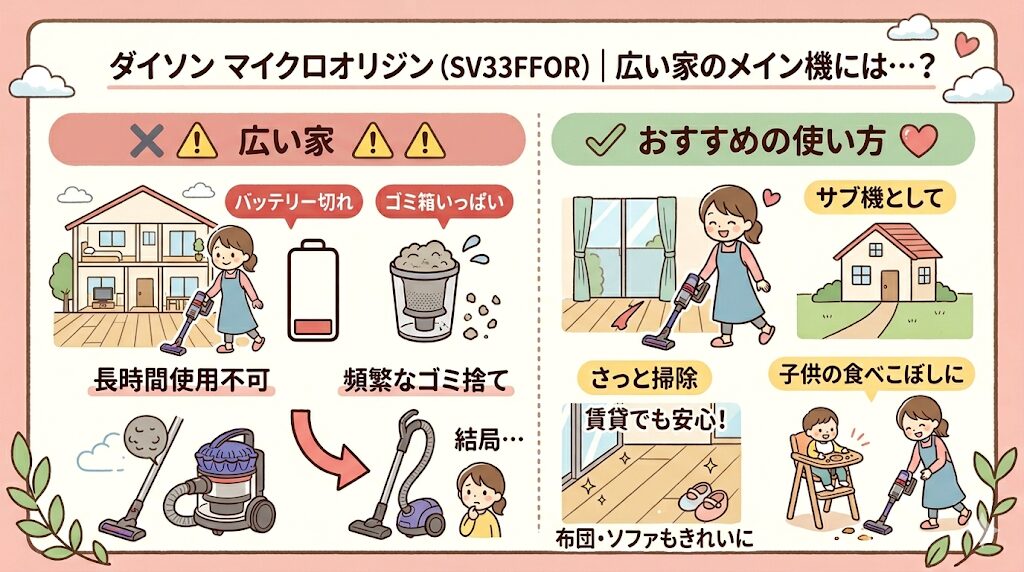 ダイソンマイクロオリジン（SV33FFOR）は家中を一度に長時間、連続で使う場合には適していません