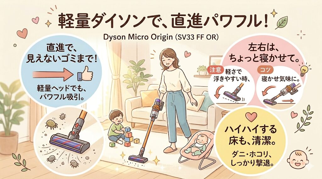 マイクロオリジン（SV33FFOR）はダイソン特有の吸引力｜軽量ボディでも直進する方向のゴミを逃さない