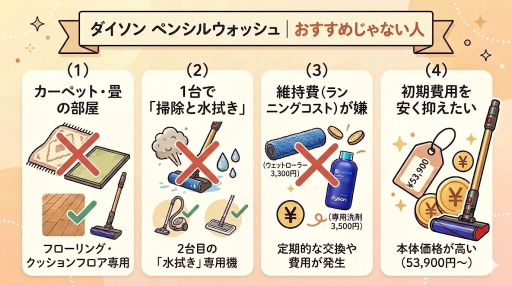 ダイソンのペンシルウォッシュがおすすめじゃない人：床掃除の手間もお金も極力かけたくない人