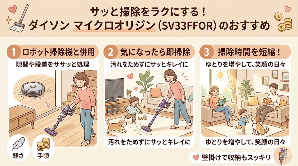 ダイソンマイクロオリジン（SV33FFOR）がおすすめな人|手頃な値段で日々のちょっとした掃除を楽にしたい