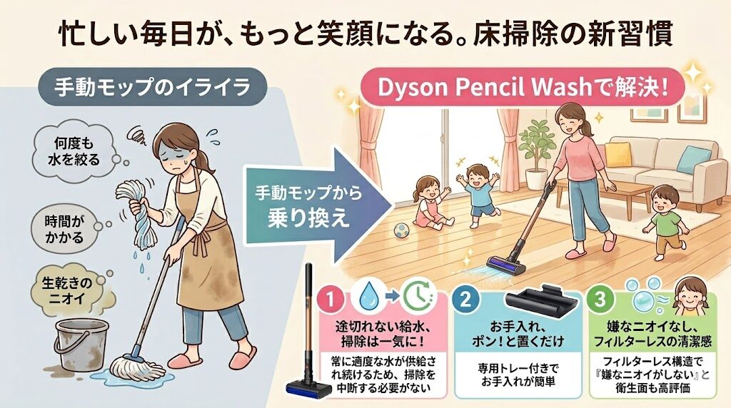手動モップからダイソンペンシルウォッシュへ乗り換えのメリット