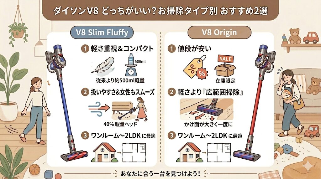 ダイソンV8のオリジンとスリムフラフィはどっちがどんな人におすすめ？