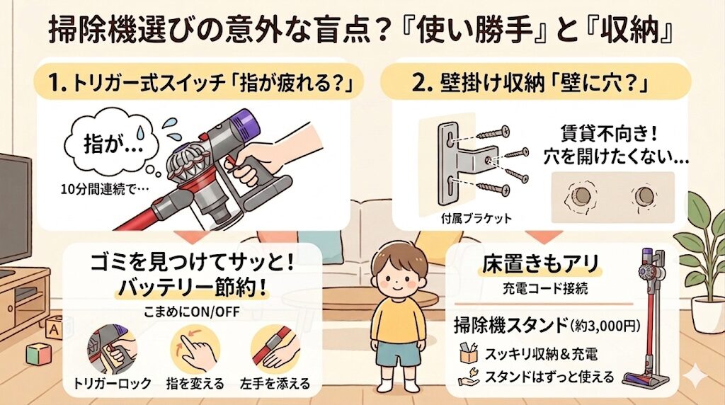 意外と気になる「収納方法」と「スイッチ」の問題