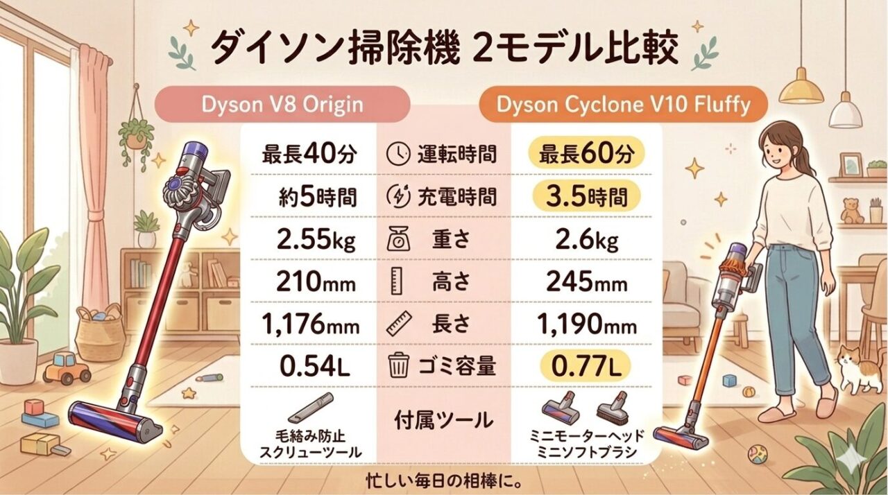 ダイソンV8とV10の違いは以下をチェック