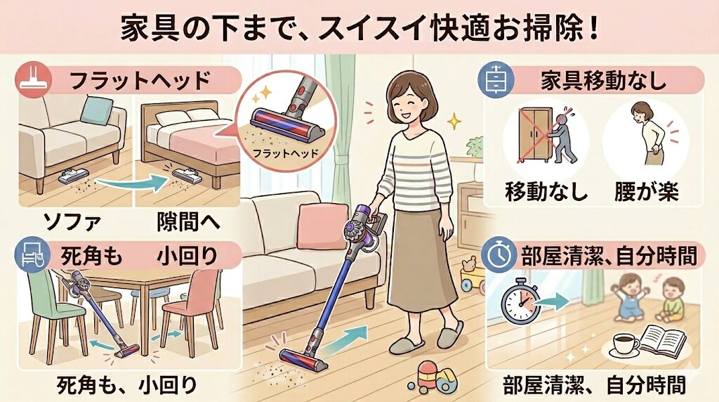 ダイソンV8は家具の下も入りやすい小型ヘッド