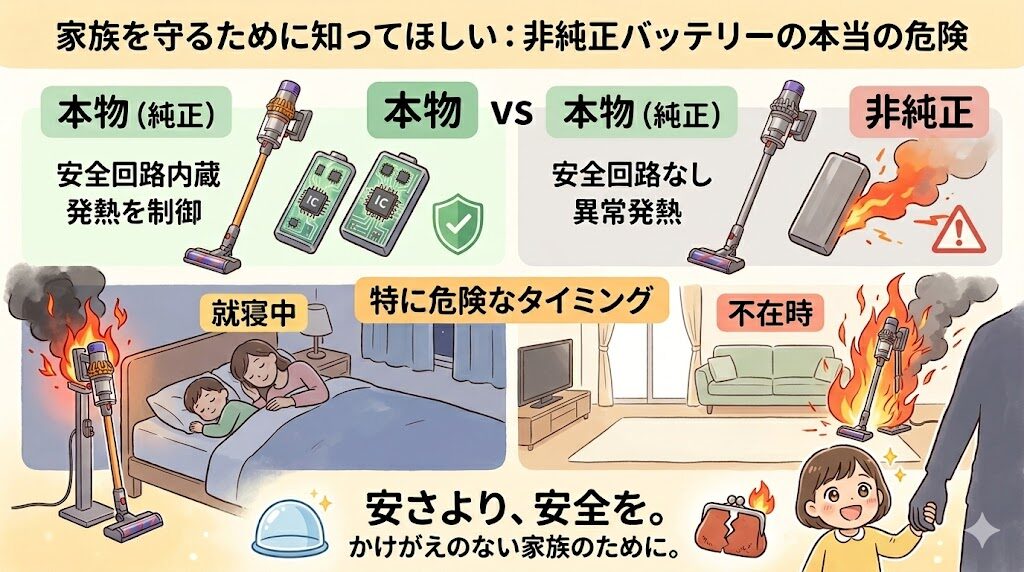 ダイソンの掃除機：非純正バッテリーによる「発火・爆発」のリスク