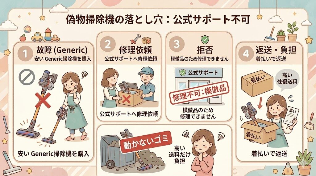 ダイソンの掃除機：偽物と判定されると公式の修理・保証は不可