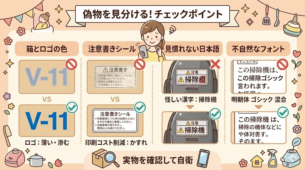 ダイソンの掃除機：外箱のロゴの色味と不自然な日本語でないか