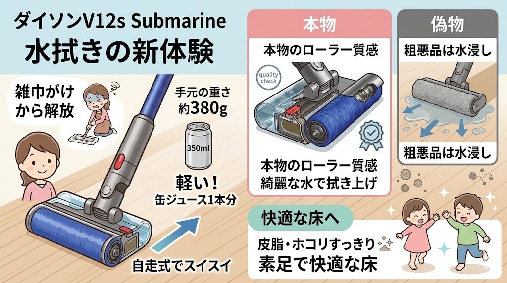 V12s Submarine（水拭き）：専用ヘッドの作りとローラーの質感