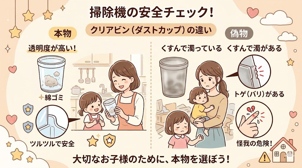 ダイソンの掃除機：クリアビンの透明度とパーツの繋ぎ目の「バリ」があるか