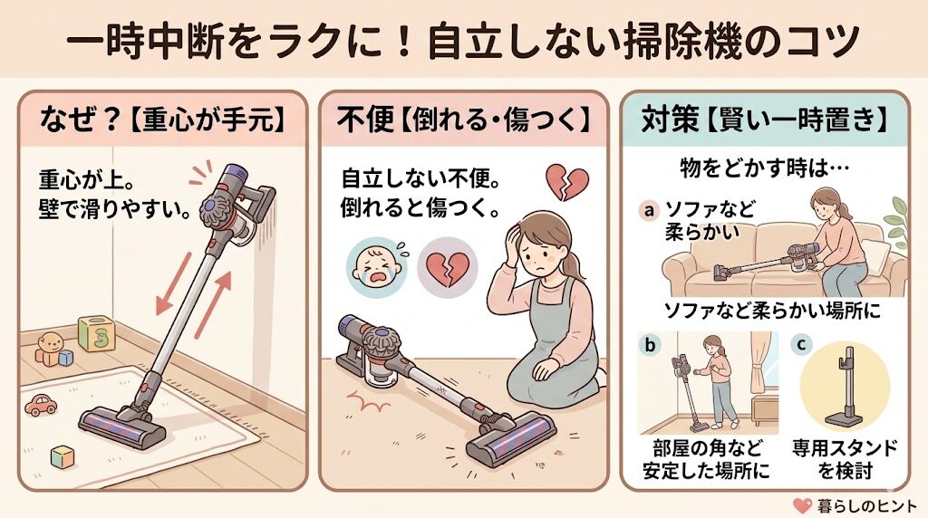 ダイソンデジタルスリムオリジン（SV18FFOR2）の悪い口コミ:掃除中に少し手を離したい時に不便