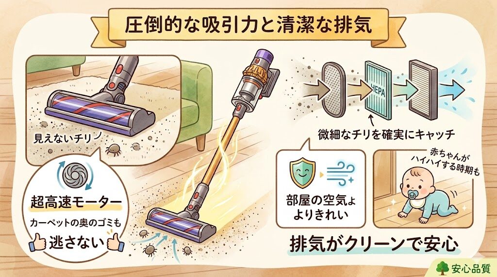 ダイソンデジタルスリムオリジン（SV18FFOR2）の良い口コミ:細かいホコリまで吸い取る圧倒的な吸引力
