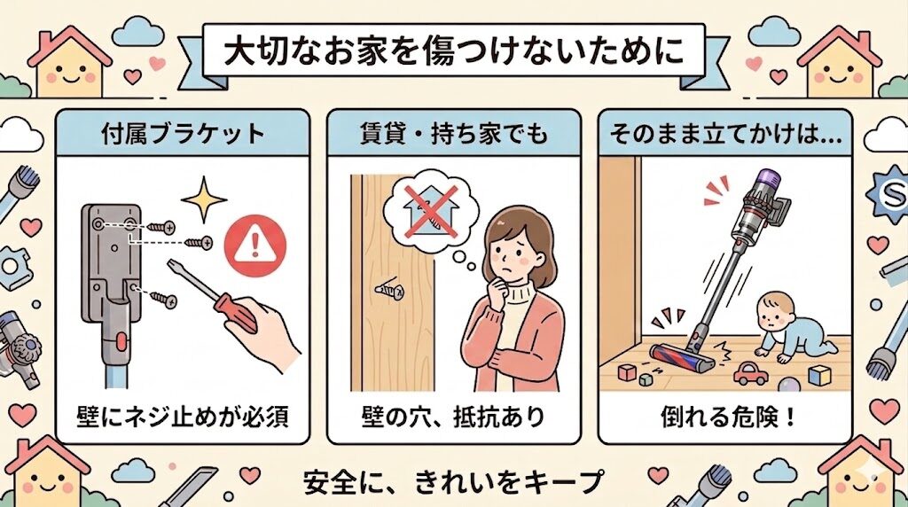 付属の収納用ブラケットは壁へのネジ止めが必須となる