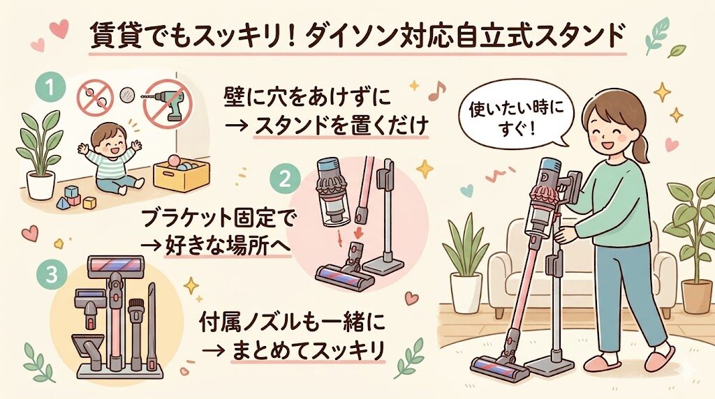 ダイソン対応の自立式市販スタンドで賃貸住宅でもすっきり収納