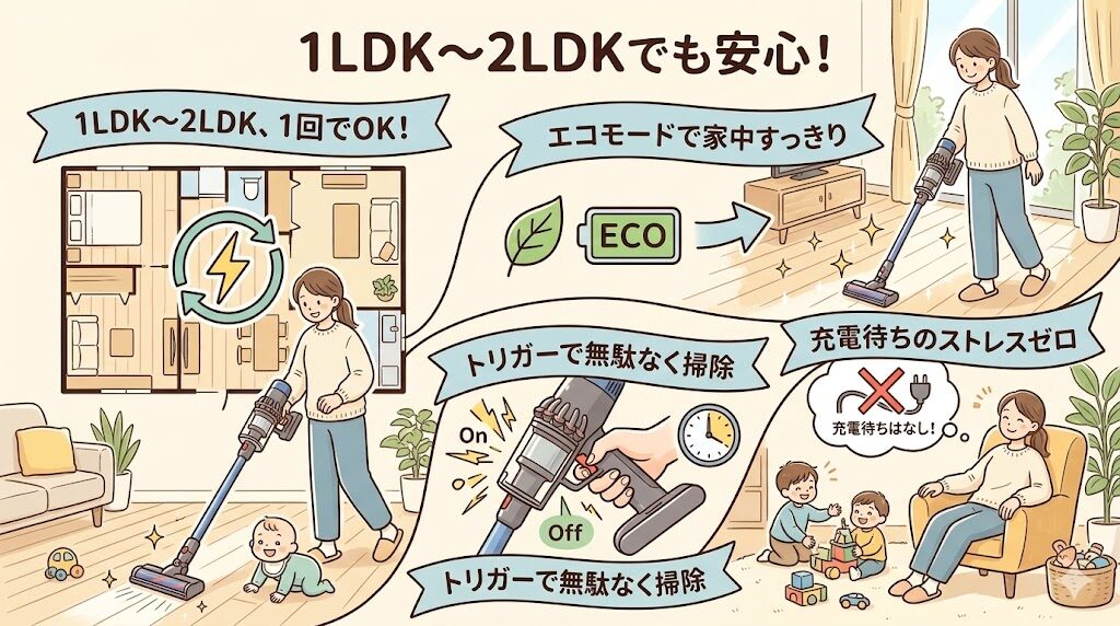1LDK〜2LDKはSV18FFOR2の1回の充電で家中を掃除可能