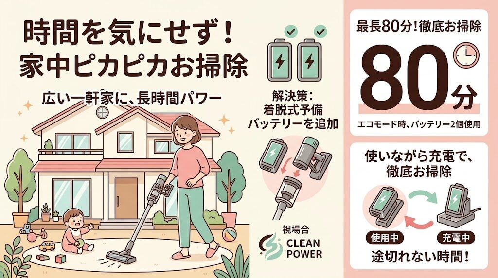 一軒家は着脱式バッテリーの追加購入で最長80分の稼働にする