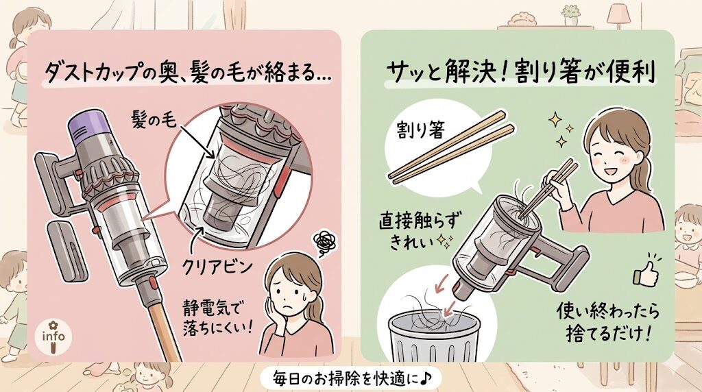 ダイソンデジタルスリムオリジン（SV18FFOR2）の悪い口コミ:クリアビンの奥に髪の毛が絡まる