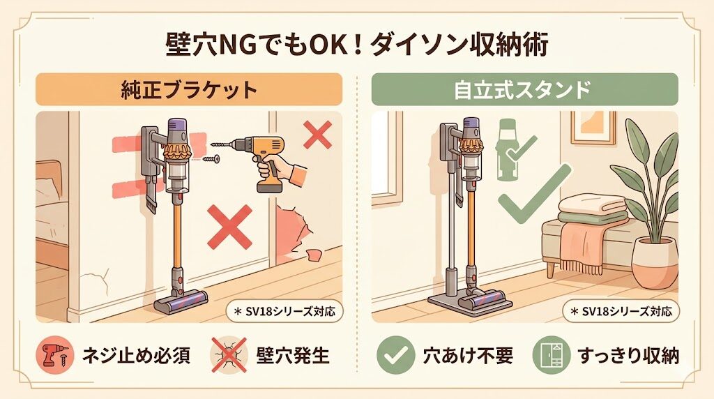 ダイソンデジタルスリムオリジン（SV18FFOR2）はフロアドック無し｜壁に穴を開けない収納スタンド活用術