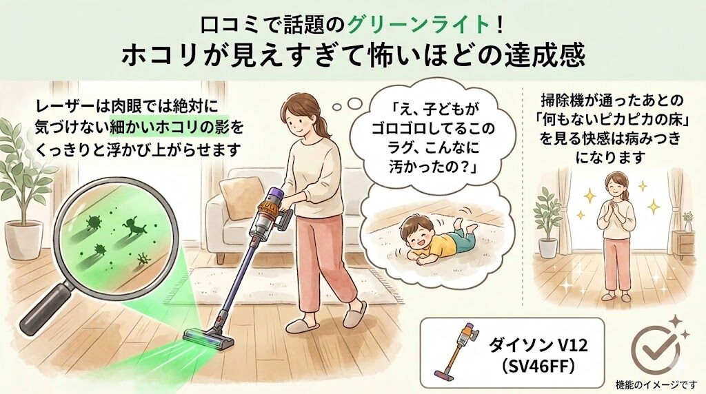 口コミで話題のグリーンライト！ホコリが見えすぎて怖いほどの達成感