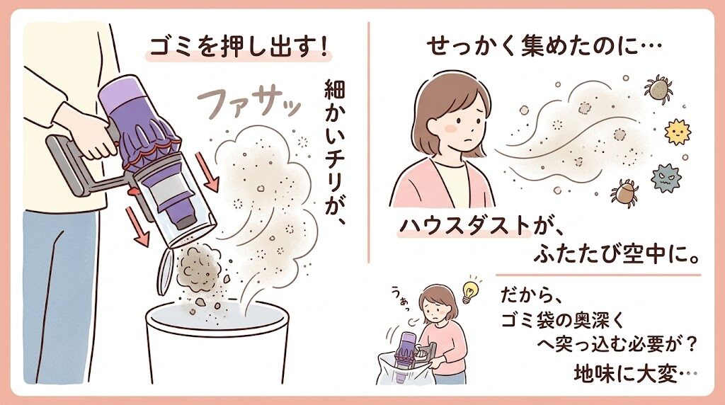 ダイソンV12（SV46FF）はホコリが舞いやすいスライド式ゴミ捨て