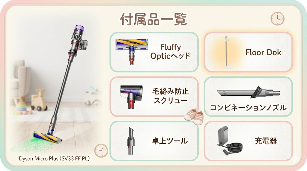 マイクロプラス (SV33FFPL)には、布に絡んだゴミを取る毛絡み防止ツールなどがついています。