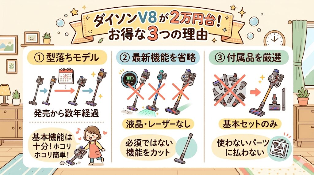 ダイソンV8はなぜ安い？2万円台で購入できる3つの理由