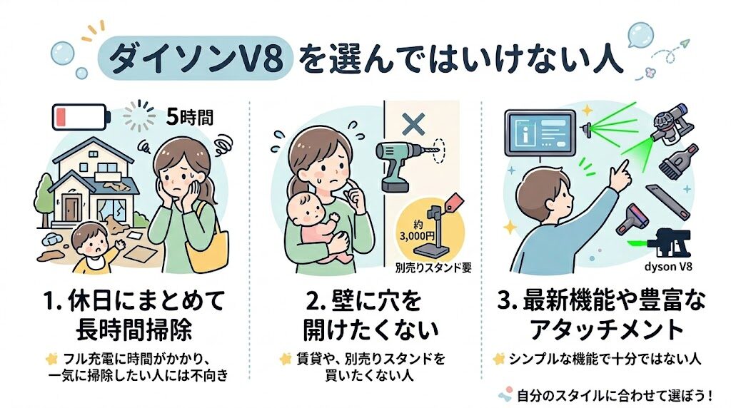 ダイソンV8がおすすめじゃない人：最新機能や長時間のまとめ掃除をしたい人