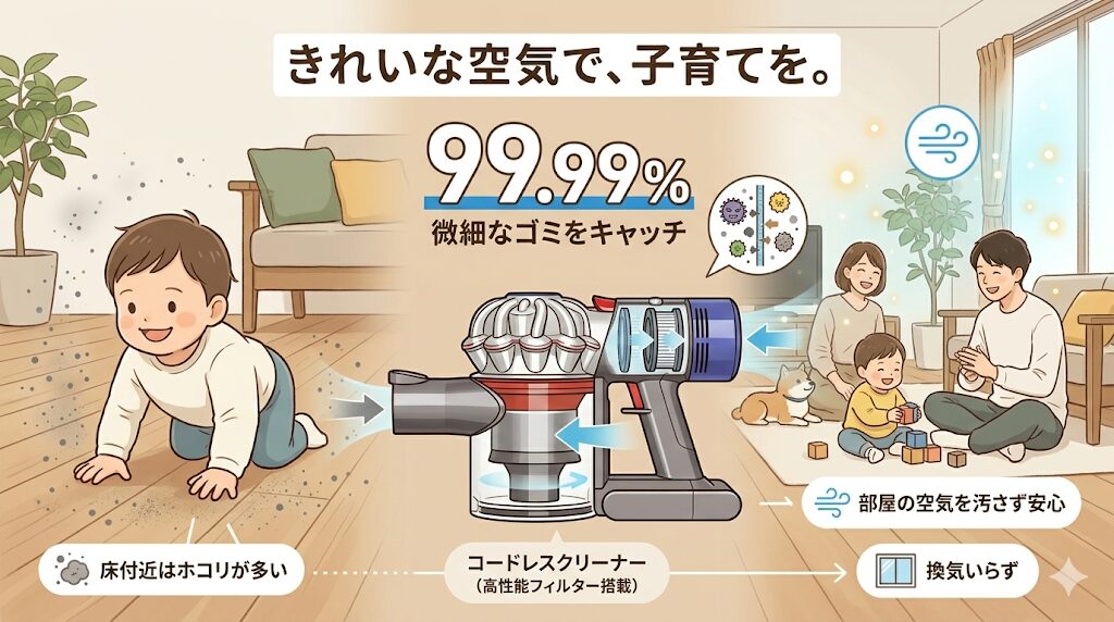 ダイソンV8には排気をきれいに保つ高いフィルター性能あり