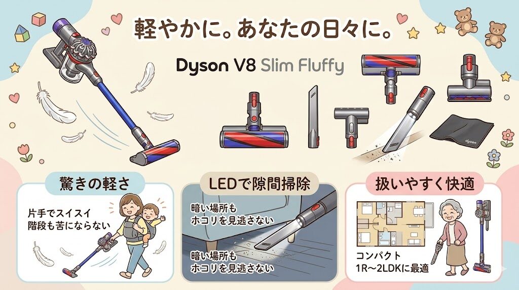 V8スリムフラフィ：軽さ重視・LEDで隙間のゴミをしっかり取りたい人