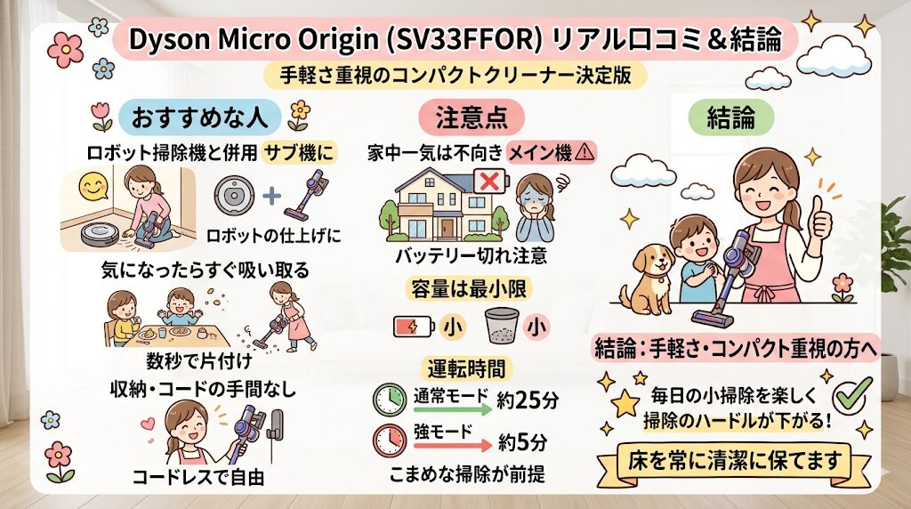 ダイソンマイクロオリジン（SV33FFOR）の口コミと結論｜手軽さ重視のコンパクト向け