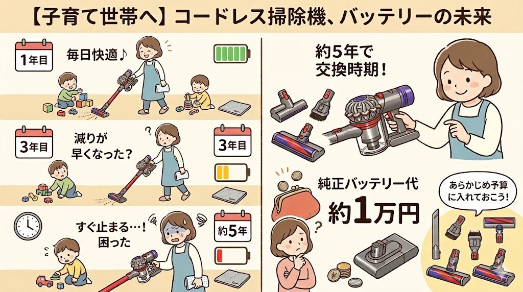 ダイソンV8は2年〜5年ごとに約1万円のバッテリー代がかかる