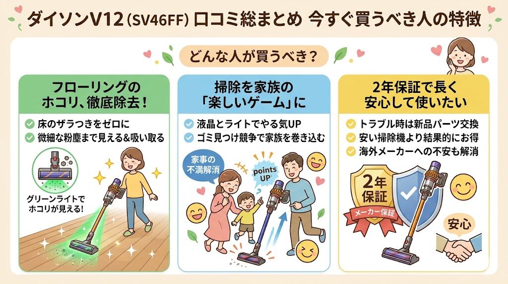 ダイソンV12（SV46FF）の口コミ総まとめ｜今すぐ買うべき人の特徴