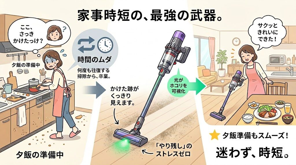 ダイソンV12（SV46FF）はかけた跡がくっきり分かるから「やり残し」のストレスゼロ