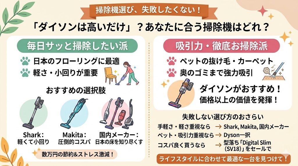 まとめ：ダイソンは「高いだけ」ではなく、使う人を選ぶ掃除機